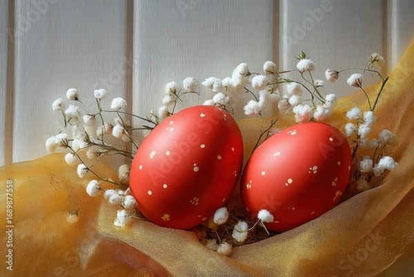 Fototapeta Two red eggs with white speckles resting on delicate white baby's breath flowers and soft golden fabric against a pale wooden background, evoking a calm and gentle mood