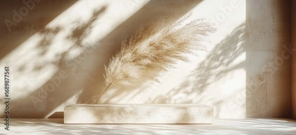 Fototapeta Minimalist white textured rectangular pedestal with dried pampas grass casting soft shadows on a sunlit beige wall