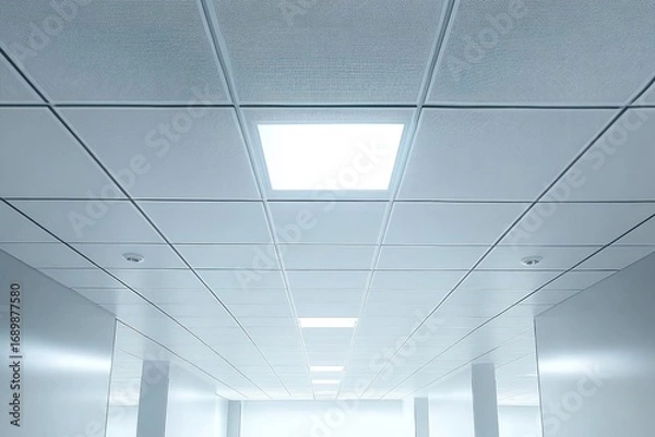 Fototapeta Bright, modern corridor with white paneled ceiling and illuminated square lights leading into an abstract, seamless white space