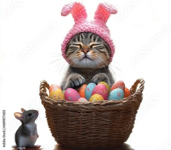 Fototapeta playful kitten wearing pink bunny ears hat sitting in a wicker basket filled with colorful decorated Easter eggs while a curious mouse looks up at the basket