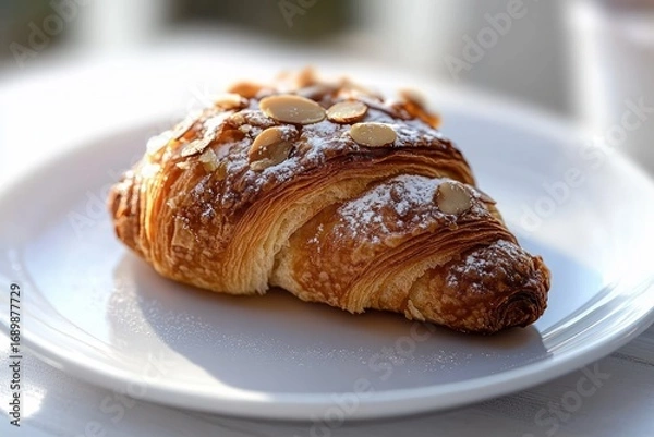 Fototapeta golden brown croissant topped with powdered sugar and sliced almonds on a white plate in soft natural light