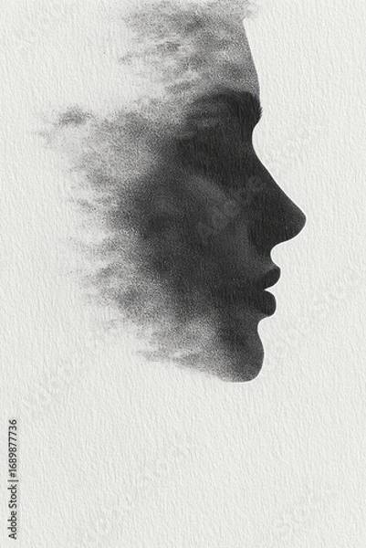 Fototapeta Black and white artistic side profile of a human face dissolving into scattered particles against a textured white background, evoking introspection and transformation