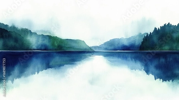 Fototapeta Calm tranquil lake surrounded by mist-covered green hills reflecting on still blue water under a cloudy sky evoking peacefulness and serenity