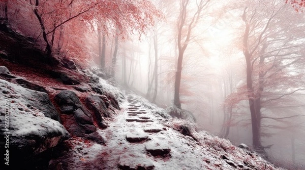Fototapeta Misty autumn hike in enchanted forest scenic nature path serene environment captivating views
