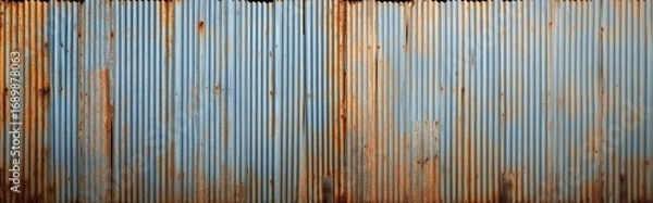 Fototapeta Close-up of a large weathered corrugated metal wall with blue paint and extensive rust stains creating an aged industrial texture
