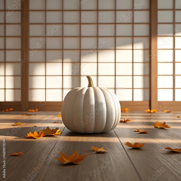 Obraz White pumpkin on wooden floor with autumn leaves fall