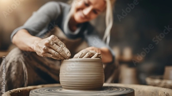 Fototapeta Pottery crafting session artisan studio visual art creative environment close-up view handmade ceramics