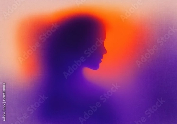 Fototapeta Abstract silhouette of a woman's profile surrounded by vibrant gradient colors blending orange and purple hues, creating a mysterious and serene mood