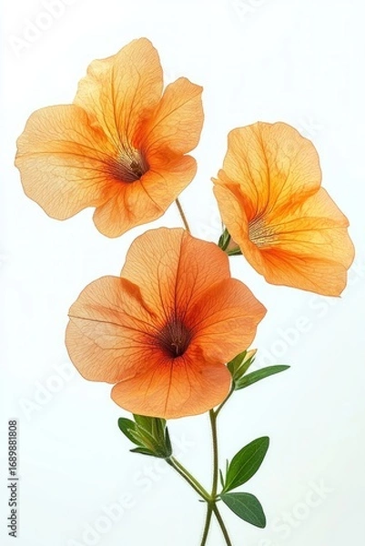 Fototapeta Three delicate orange flowers with visible veins and green leaves on thin stems against a bright white background, evoking softness and natural beauty