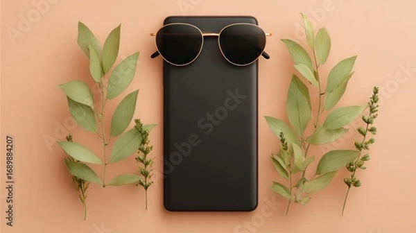 Obraz A matte black rectangle sits centered, adorned with sunglasses, surrounded by leafy sprigs against a soft orange background