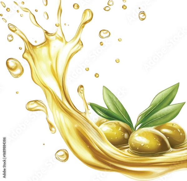 Obraz Golden olive oil splash with olives and leaves on white background