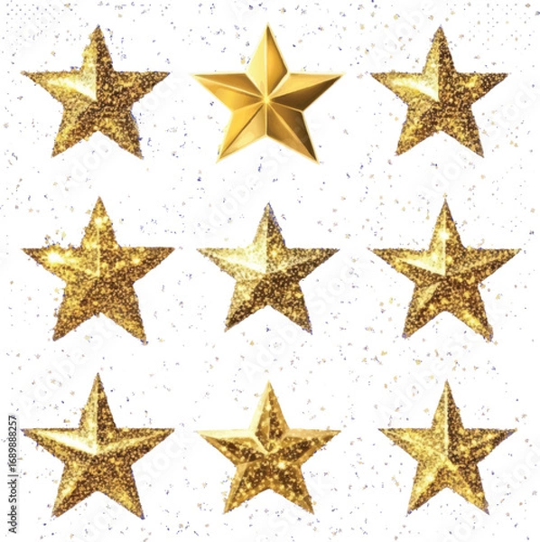 Fototapeta Nine Golden Glittering Stars on White Background sparkling