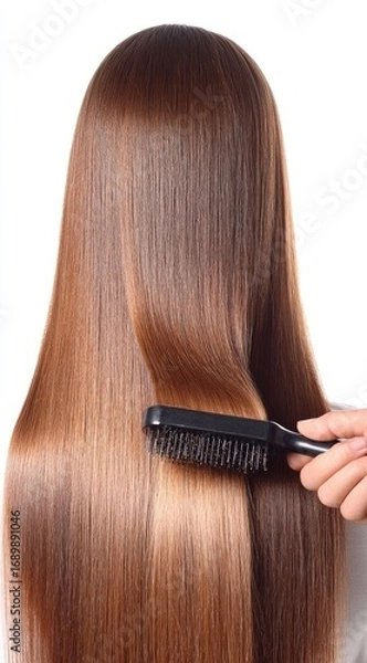 Obraz Silky brown hair brushed gently; the focus on texture and health. A hand holds the brush on the clean white backdrop, showing beauty routine