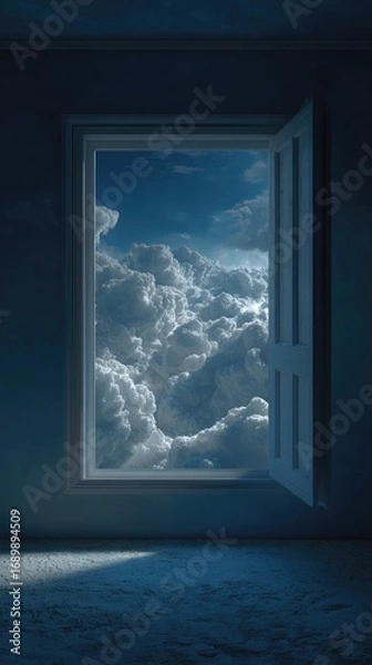 Fototapeta An open door reveals a breathtaking view of a daytime sky filled with fluffy cumulus clouds, contrasting sharply with the dimly lit interior of a room