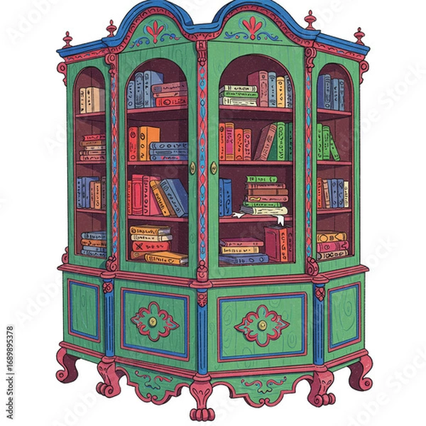 Fototapeta An intricately detailed, hand-drawn illustration of a vibrant, antique wooden bookcase filled with a multitude of colorful books on its many shelves.