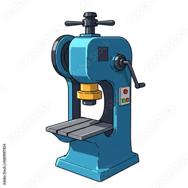 Fototapeta A detailed illustration of a vintage blue industrial workshop press machine with a hand crank and control panel, isolated on a clean black background.