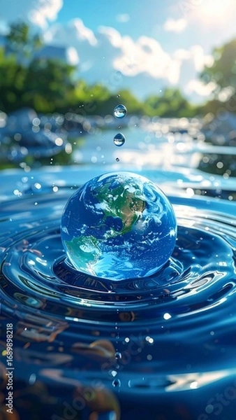 Fototapeta Earth Globe Floating on Water Droplets Nature Concept.