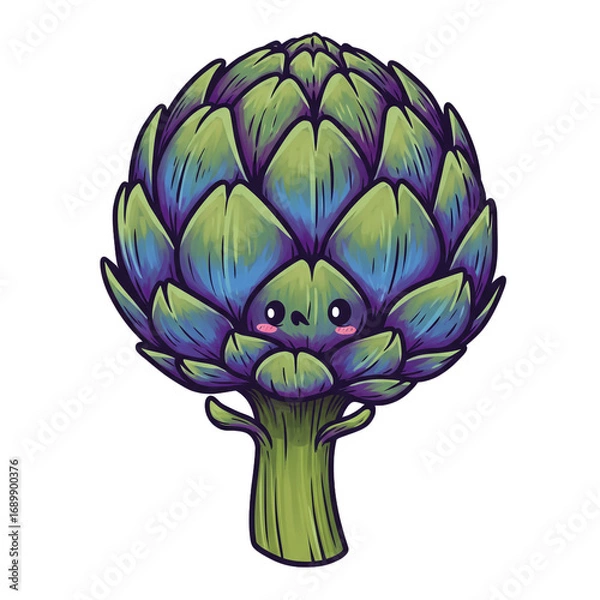 Obraz An enchanting illustration of a sentient artichoke character, featuring a sweet, shy face nestled among its colorful, layered bracts in a charming design.