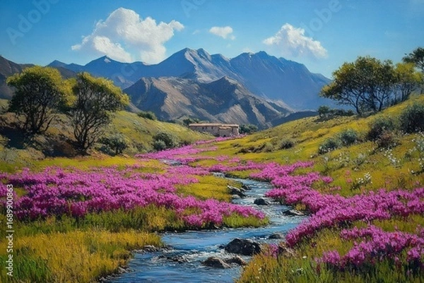 Fototapeta Serene mountain landscape with vibrant purple flowers along a flowing stream under a bright blue sky with fluffy white clouds