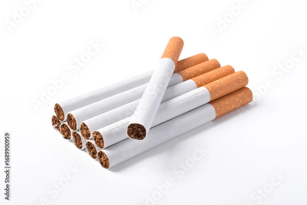 Fototapeta Pile of cigarettes with filters isolated on white background