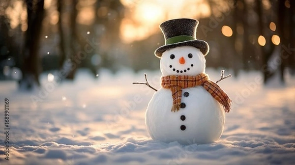 Fototapeta Happy snowman with a black top hat and orange plaid scarf standing in a snowy forest at sunset with warm glowing lights