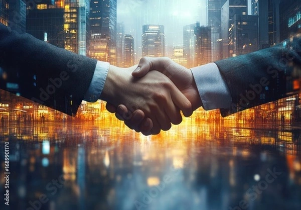 Fototapeta Close-up of two business people shaking hands symbolizing agreement and partnership with a cityscape background illuminated by warm lights