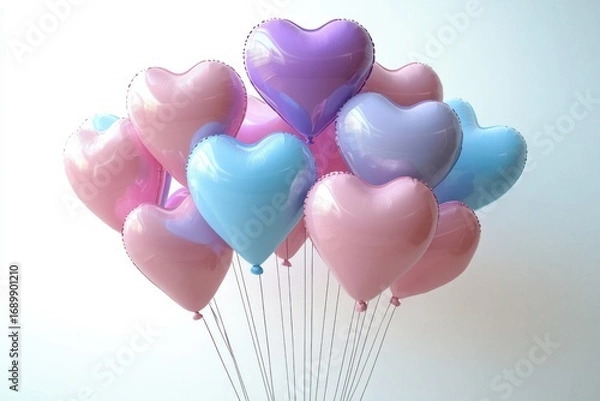Fototapeta Cluster of shiny pastel heart-shaped balloons in pink, blue, and purple floating against a plain white background, evoking feelings of joy and celebration