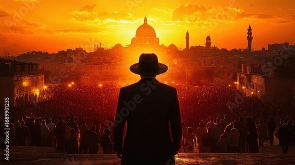 Fototapeta Silhouette of a man wearing a hat standing before a large crowd at sunset with historic buildings and a large dome in the background under a vibrant orange sky