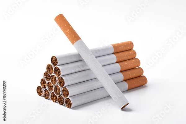 Fototapeta Pile of cigarettes with filters isolated on white background