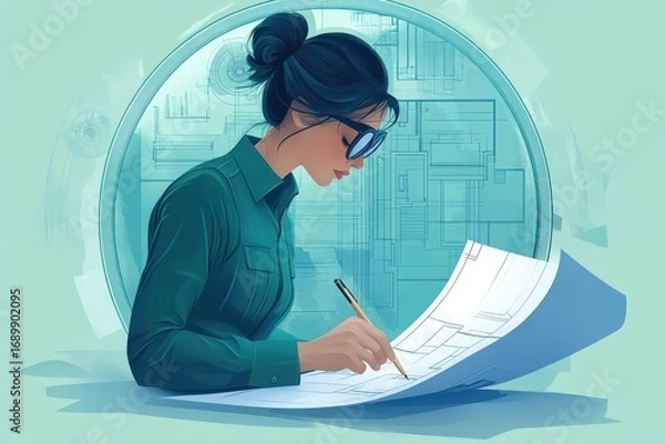 Fototapeta Focused woman wearing glasses working on architectural blueprints with modern technical drawings in the background