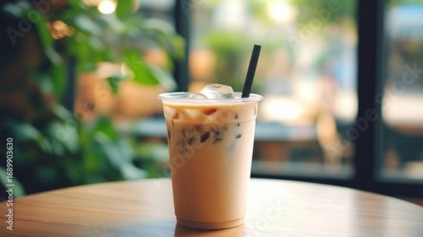 Fototapeta Cold iced coffee drink in a clear plastic cup with a black straw on a wooden table with a blurred green plant and window background
