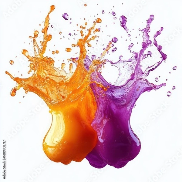 Fototapeta Two vibrant liquid splashes in mid-air with one orange and one purple splash dynamically colliding against a white background