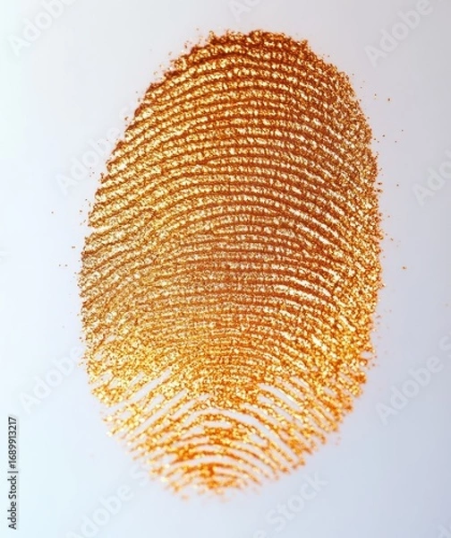 Fototapeta Close-up of a single golden fingerprint on a white background showing intricate ridge patterns and shimmering texture