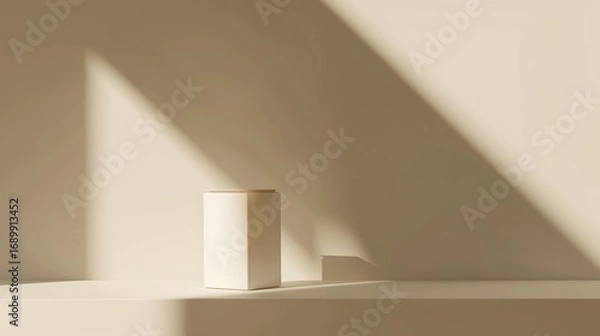 Fototapeta A white box sits on a white shelf with a sunbeam shining on the wall.