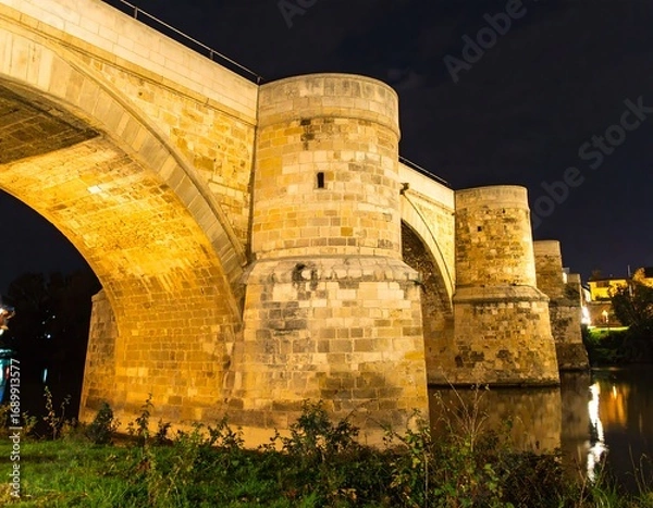 Fototapeta Night view of an ancient stone arch bridge illuminated, reflecting in calm water