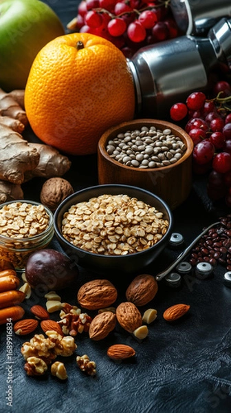 Fototapeta Vibrant assortment of healthy foods including nuts, seeds, fruits, and grains arranged artfully dark surface, promoting nutritious lifestyle. This colorful display inspires healthy eating habits
