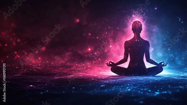 Fototapeta Serene silhouette of person meditating cosmic environment, surrounded by vibrant colors of pink, blue, and purple. scene evokes sense of peace and connection to universe, with sparkling lights