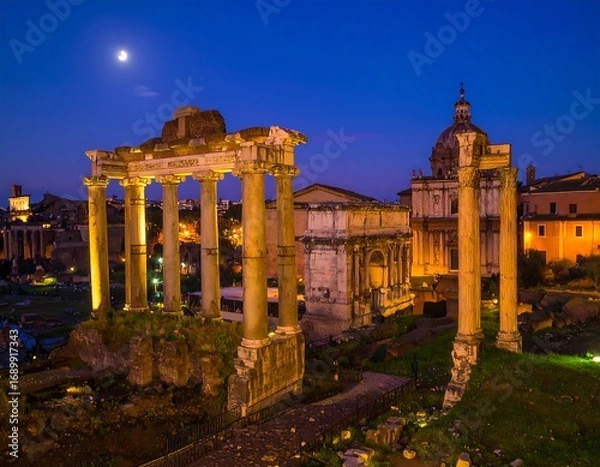 Fototapeta Night view of ancient Roman ruins, illuminated, with a full moon in the sky