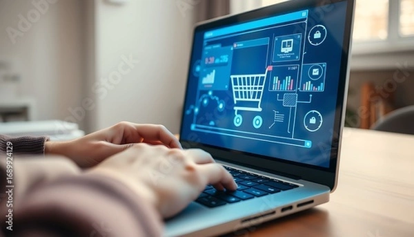 Fototapeta Close-up of hands using a laptop with a detailed e-commerce dashboard and shopping cart graphic typing