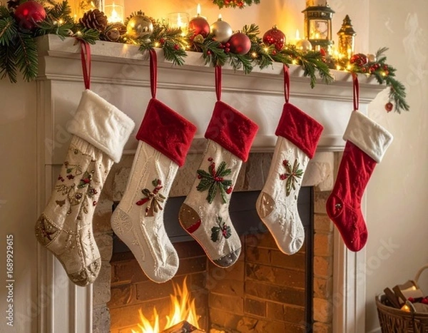 Fototapeta christmas fireplace stockings