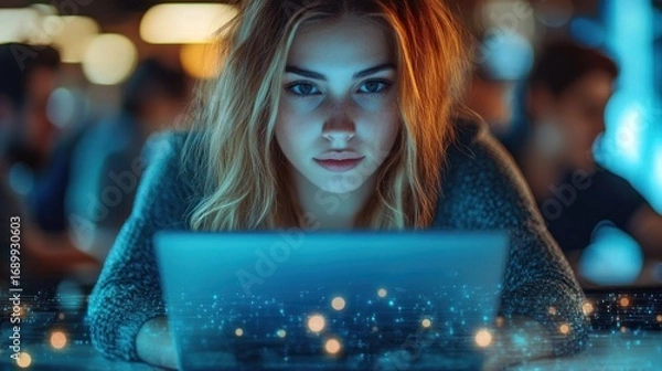 Fototapeta Focused young woman with blonde hair looking intently at a glowing laptop screen in a dimly lit environment with blurred background figures and digital effects