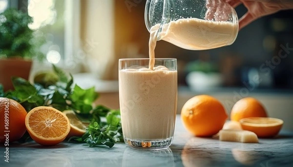 Fototapeta Creamy smoothie being poured into a glass surrounded by fresh oranges, orange slices, and green leafy herbs on a kitchen countertop with warm natural light