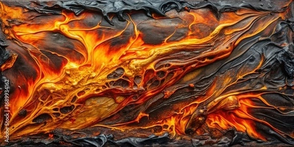 Fototapeta Abstract Molten Gold and Charred Black Swirling Design, Visually Representing Intense Heat and Textural Contrast