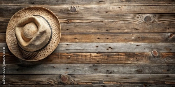 Fototapeta Rustic Straw Hat Resting on Weathered Wooden Planks A Simple, Evocative Image