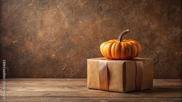 Fototapeta Autumnal Gift Presentation A Small Pumpkin Rests Atop a Brown Gift Box with a Bronze Ribbon on a Rustic Wooden Surface Against a Deep Brown Background