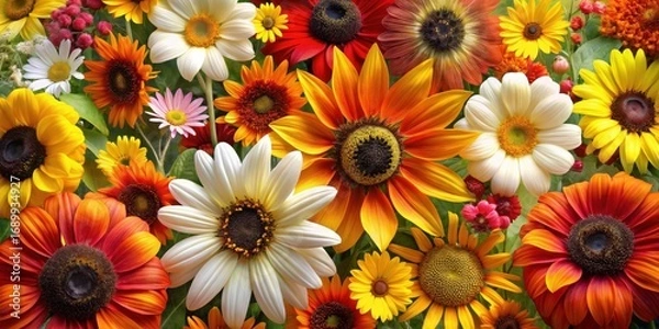 Fototapeta A vibrant tapestry of autumnal blooms, showcasing a radiant array of sunflowers, daisies, and other colorful flowers in a stunning close-up view.