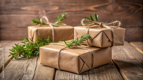 Fototapeta Rustic Brown Paper Wrapped Presents with Greenery Accents on Wooden Surface