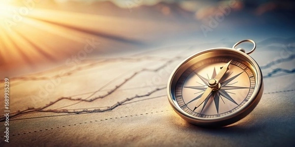 Fototapeta Golden compass rests on a chart, symbolizing navigation towards future success and strategic planning under radiant sunlight
