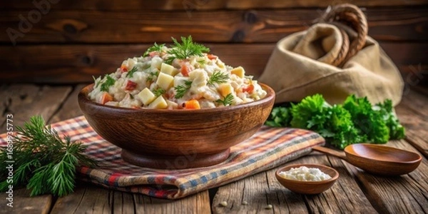 Fototapeta A Rustic Wooden Bowl Filled with Creamy Vegetable Salad, Garnished with Fresh Herbs, Served on a Checkered Cloth