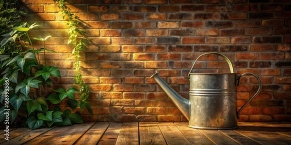 Fototapeta Rustic Still Life Featuring a Weathered Watering Can and Lush Greenery Against a Brick Wall Backdrop